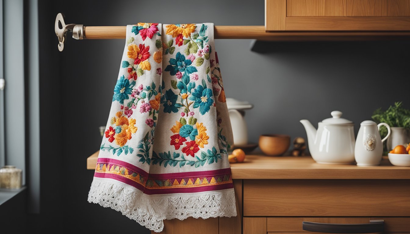 Embroidered Dish Towel - Kitchen Towel Lavender Plaid Set